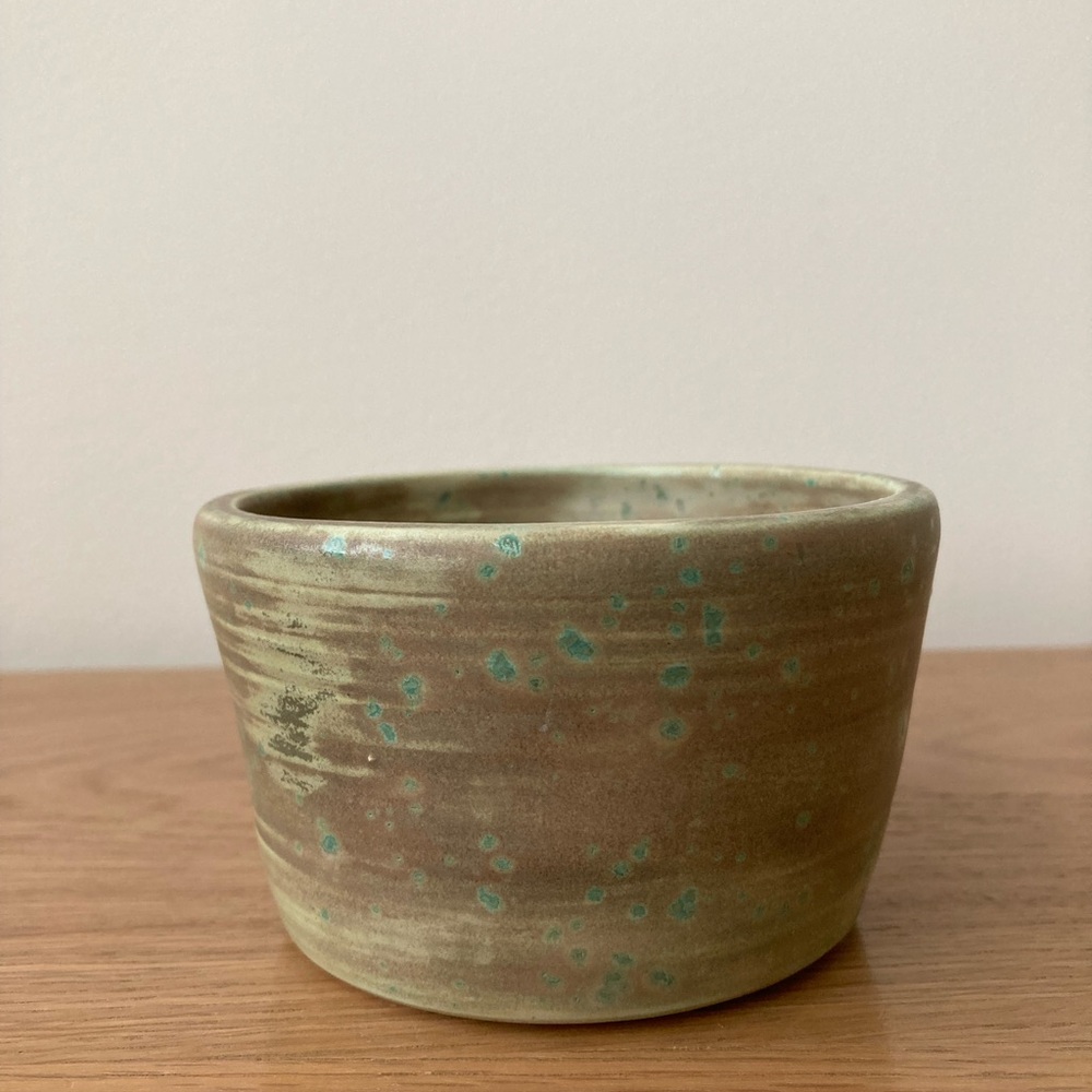 studio pottery artist signed rustic bowl mug cup planter candy dish tan green - Picture 2 of 8